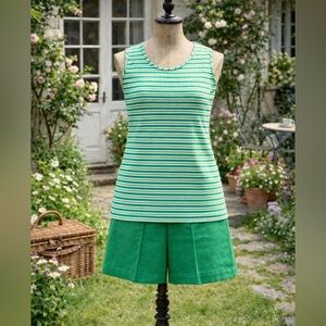 Vintage 1970s Green Striped Sleeveless Top and Shorts Set